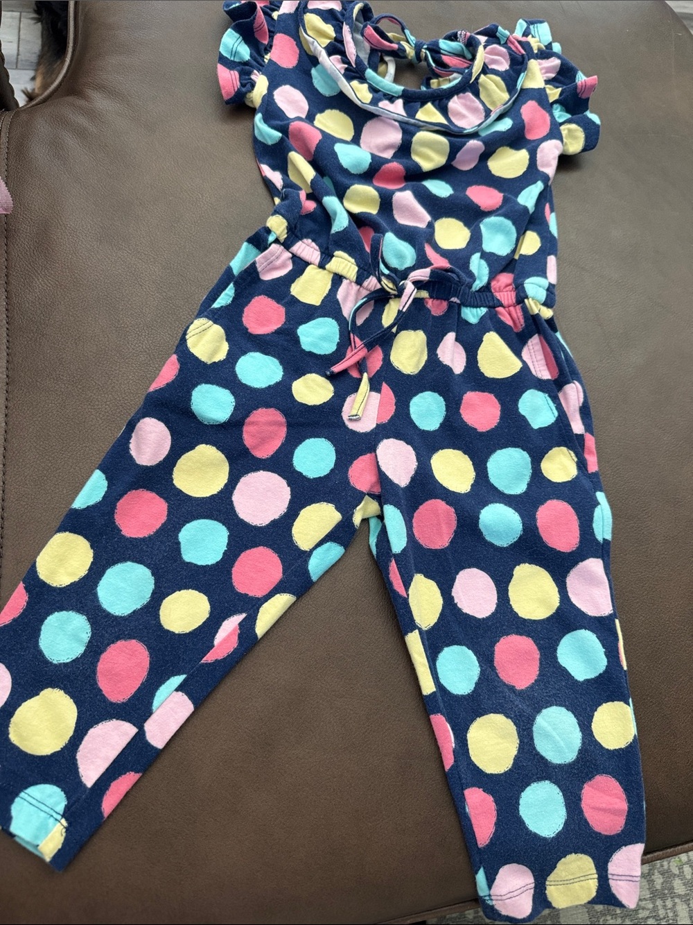 Kelly's Kids Navy Jumpsuit with Pink, Yellow & Aqua Polka Dots